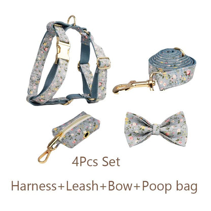 Dusty Blue Floral Dog Harness Set
