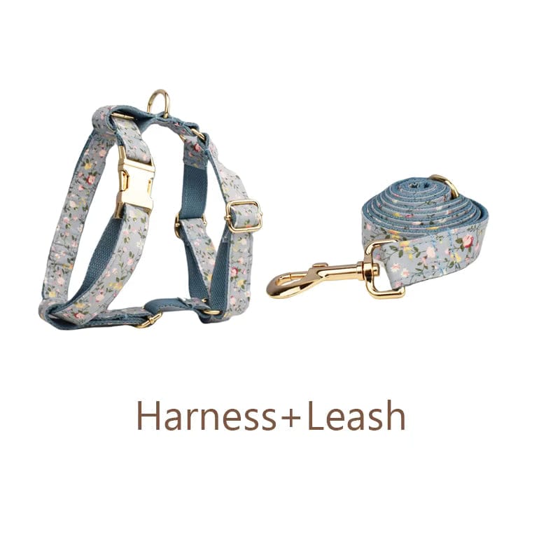 Dusty Blue Floral Dog Harness Set