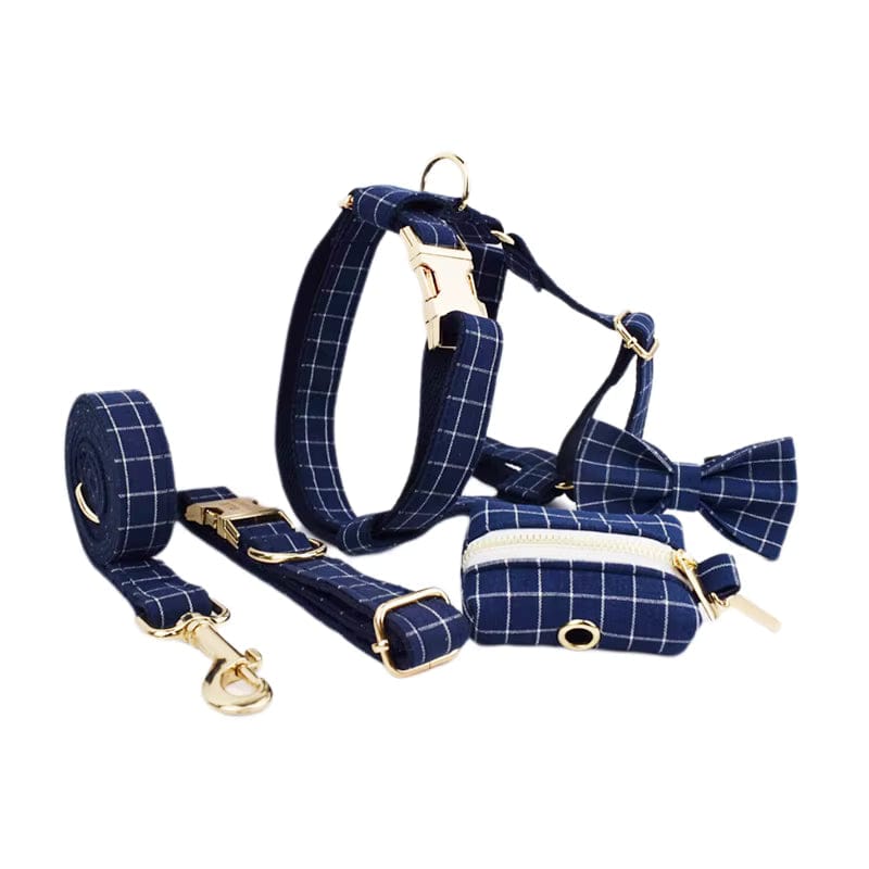 Plaid Dark Blue Dog Harness Set