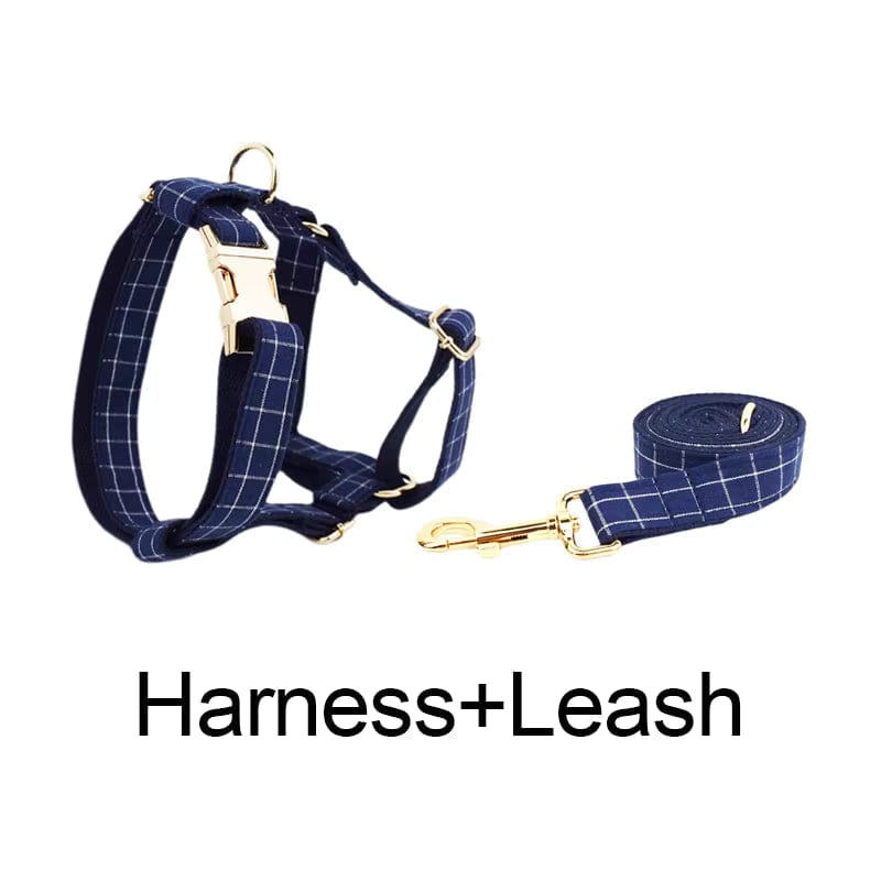 Plaid Dark Blue Dog Harness Set