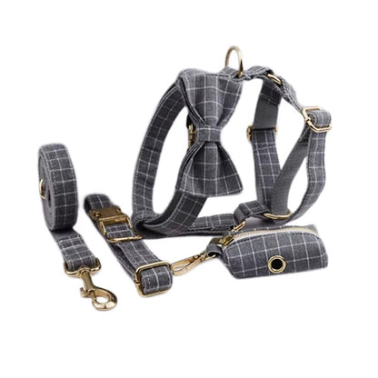 Gray Plaid Dog Harness Set