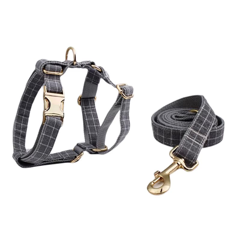 Gray Plaid Dog Harness Set