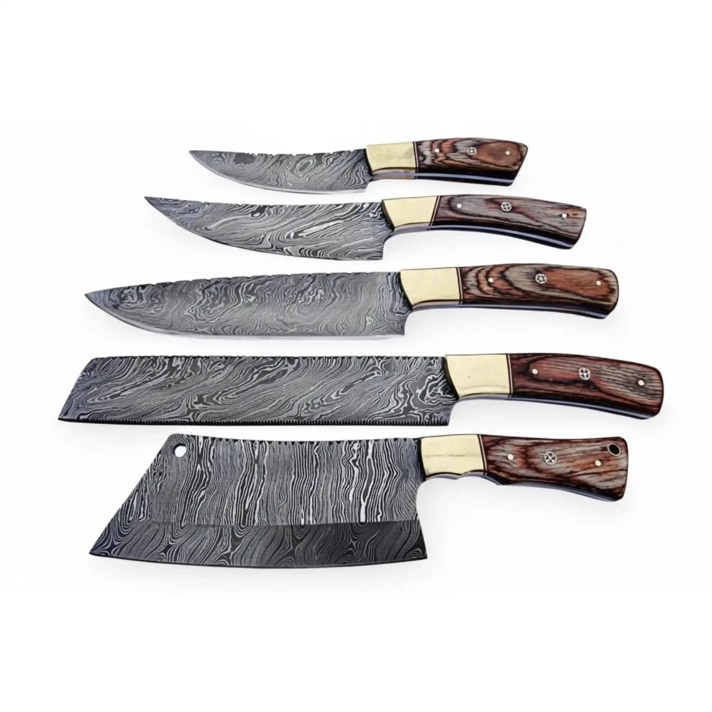 Damascus Kitchen Knife Set of 5 with Full Tang Wood Handles