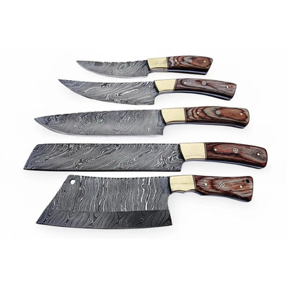 Damascus Kitchen Knife Set of 5 with Full Tang Wood Handles