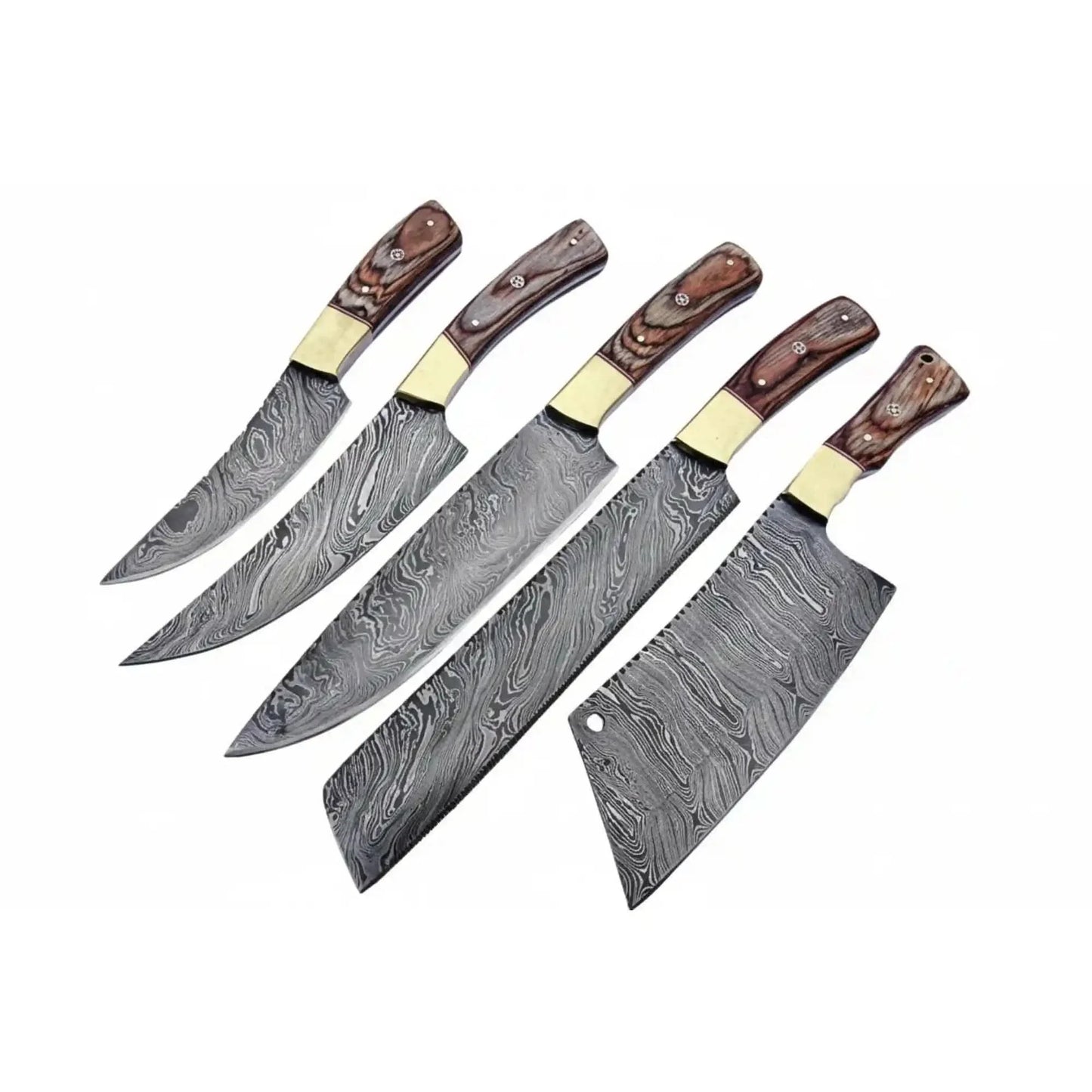 Damascus Kitchen Knife Set of 5 with Full Tang Wood Handles