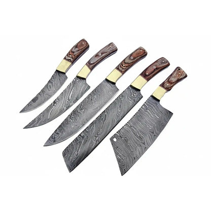Damascus Kitchen Knife Set of 5 with Full Tang Wood Handles