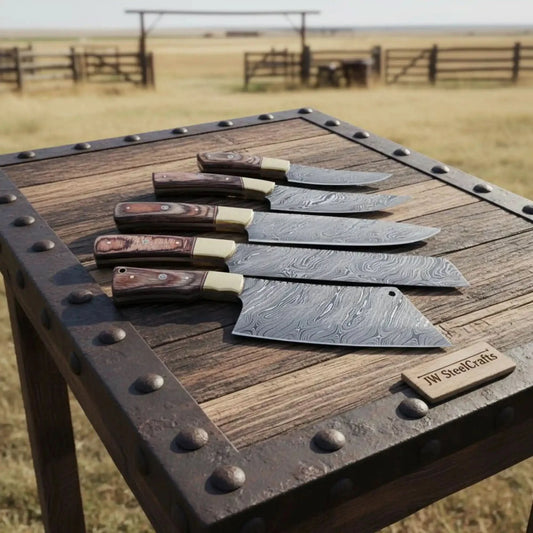 Damascus Kitchen Knife Set of 5 with Full Tang Wood Handles