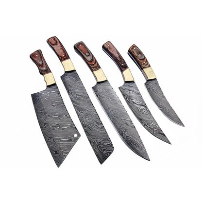 Damascus Kitchen Knife Set of 5 with Full Tang Wood Handles