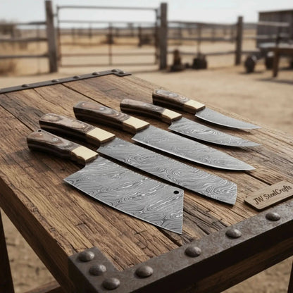Damascus Kitchen Knife Set of 5 with Full Tang Wood Handles